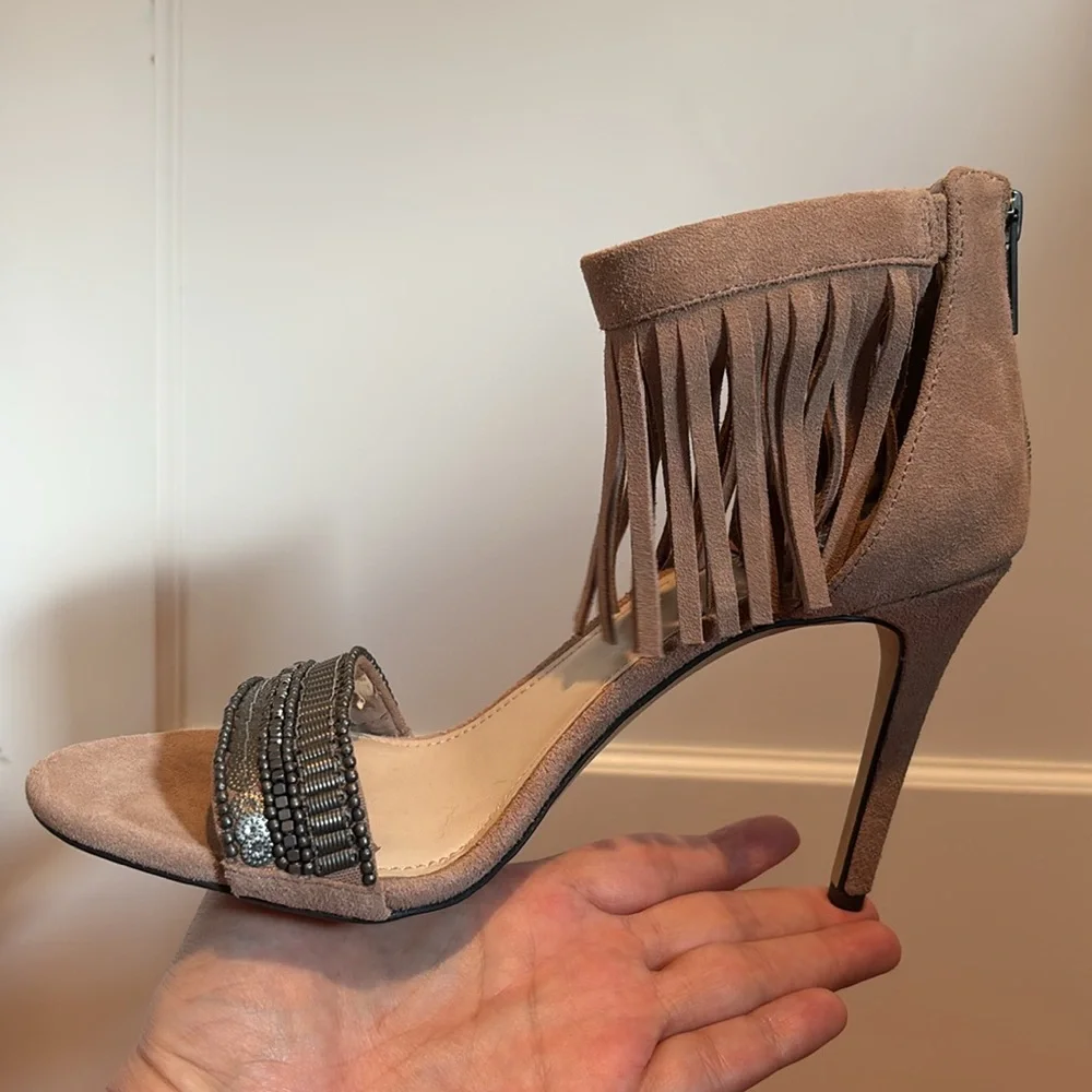 Vince Camuto Taupe Suede Fringe Beaded Open-Toe Heels